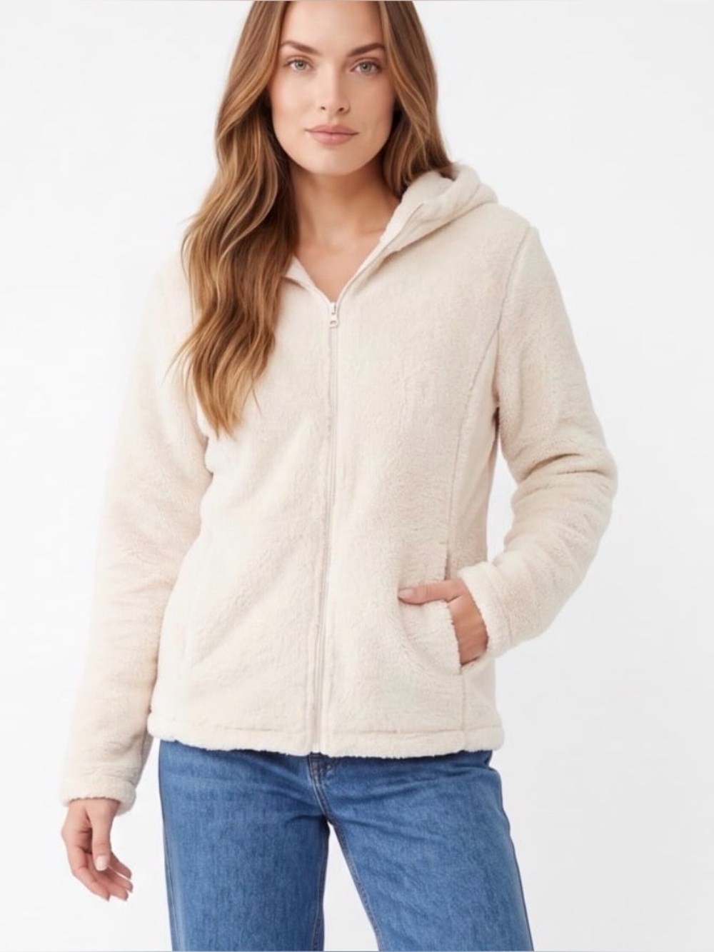 32 Degrees Heat Sherpa Teddy Bear Full Zip Hooded Jacket Cream Ivory Cozy fleece